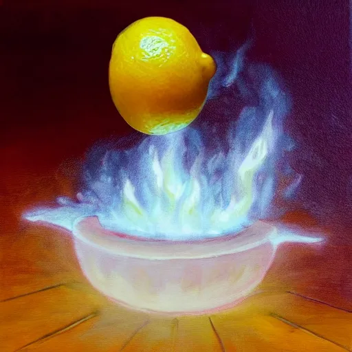 Prompt: a painting of a lemon on fire, hovering and glowing