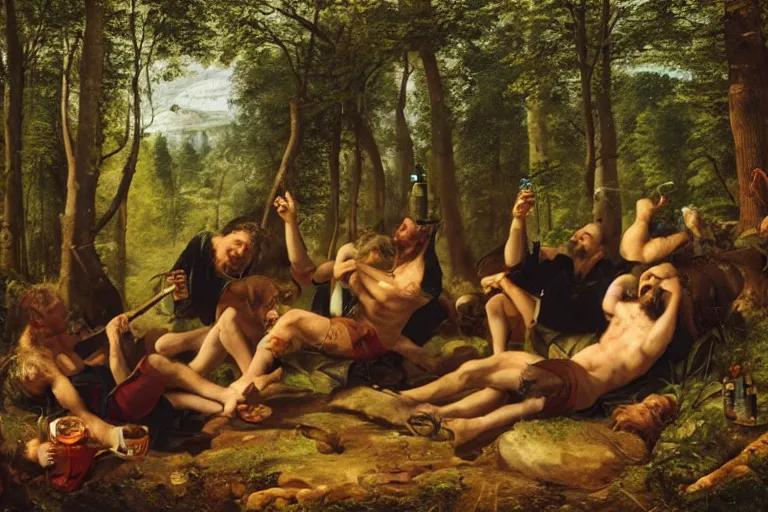 Prompt: mid - thirties guys binge drinking in a forest, in the style of skovgaard