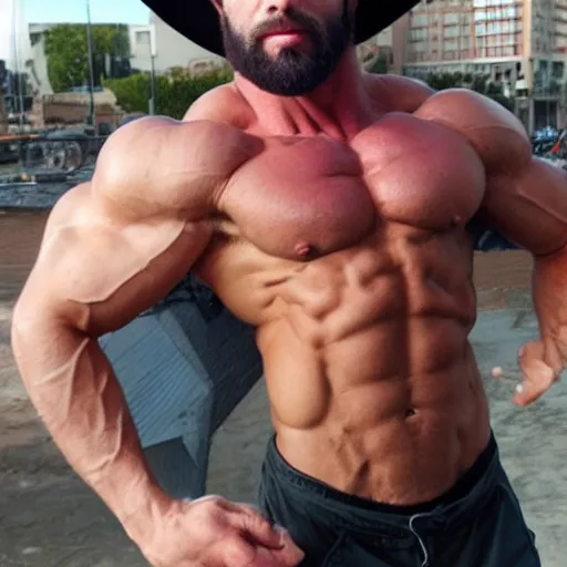 Image similar to jacked and ripped alpha male with a scruffy beard and wearing a fedora, flexing, Krista Sudmalis, Sleek'N'Tears