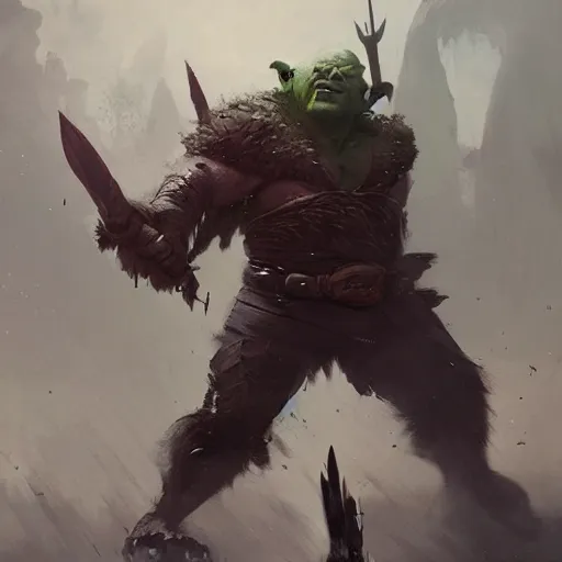 Prompt: an orc, an elf, a troll and a warrior fighting eachother, greg rutkowski