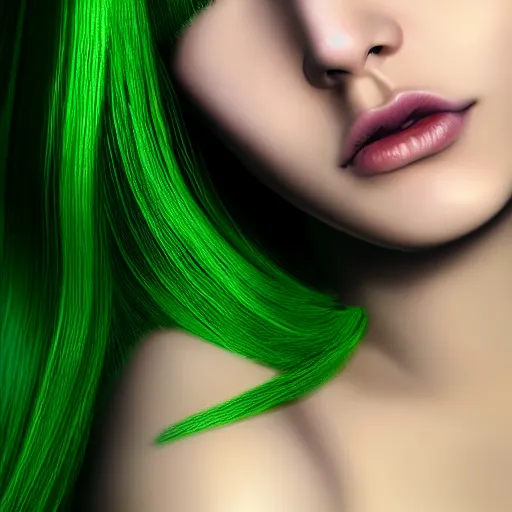 Image similar to photorealistic portrait of beautiful toxic girl, dark green hair, smooth face, glowing skin, detailed face, sharp focus