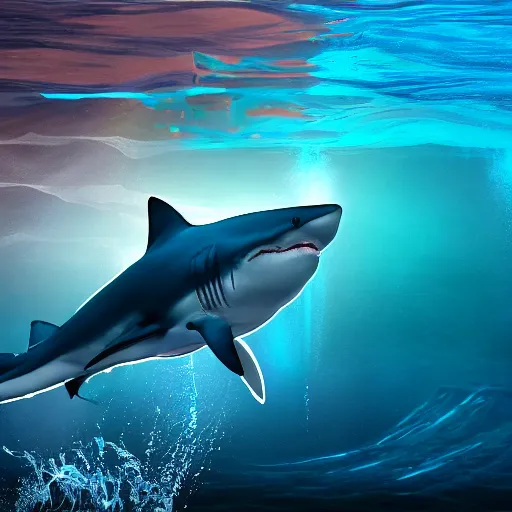 Image similar to water art manipulation of a giant shark on the ocean water, futuristic, glowing, hyper realistic, ray tracing, realistic water splashes, sharp focus, long shot, 8 k resolution, cinematic