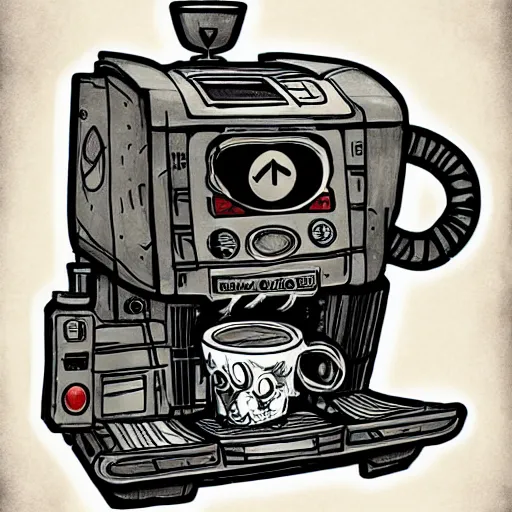 Prompt: coffe machine from borderlands, sci - fy, handdrawn, detailed, - 9