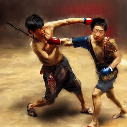 Image similar to asian person fighting a turkish person, cinematic, 4 k, oil painting