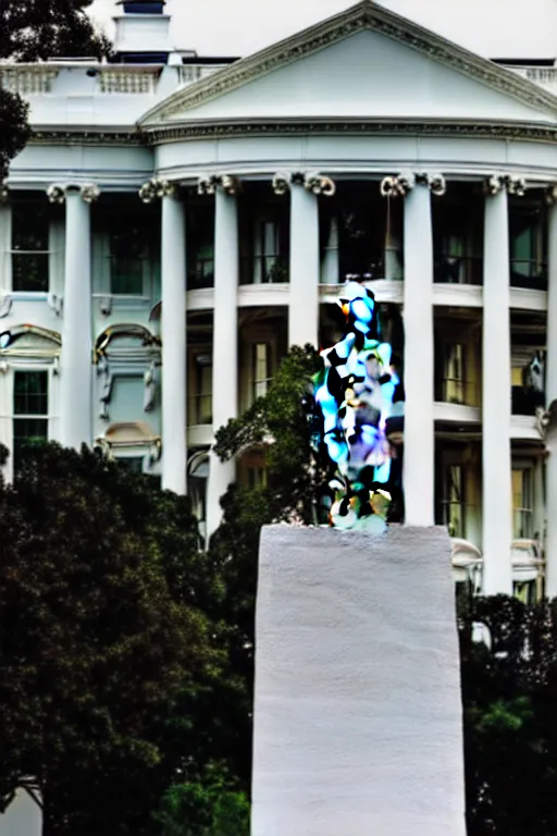 Image similar to A beautiful stone statue of Mark Zuckerberg in front of the White House, photo by Steve McCurry, heroic pose, detailed, smooth, smiling