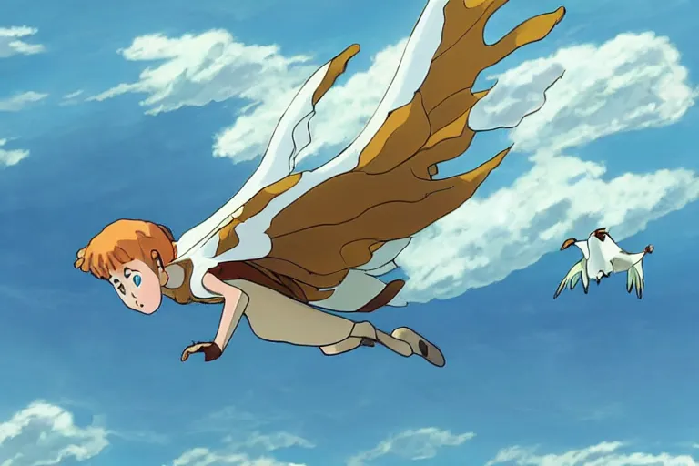 Prompt: A cell animation of girl flying with a bird-shaped white glider over the clowds, Nausicaa of the Valley of the Wind, Miyazaki Hayao, ghibli style, illustration, anime, trending on artstaion