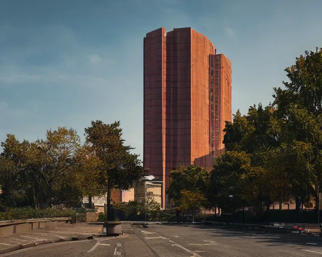 Image similar to a tall building with a brown roof next to a road, a matte painting by zlatyu boyadzhiev, unsplash, new objectivity, hdr, photo taken with provia, photo taken with ektachrome