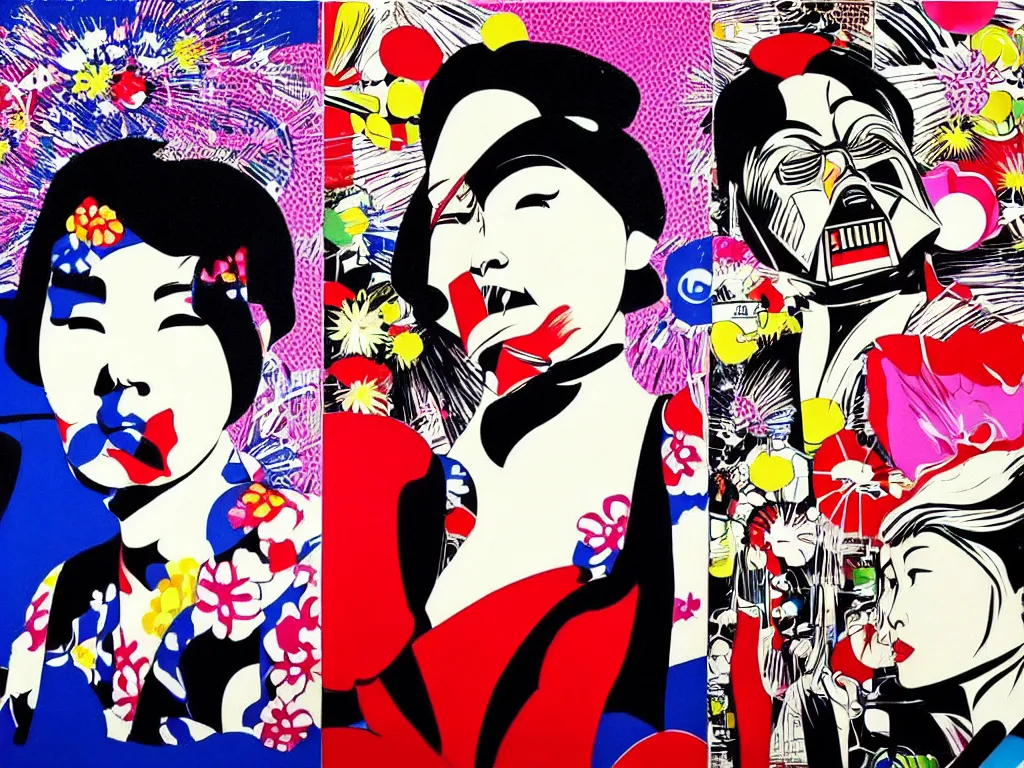 Prompt: hyperrealistic composition, in the middle a woman in a japanese kimono, behind her stands darth vader, in front of her a table from the casino, in the background is mount fuji and fireworks, pop - art style, jacky tsai style, andy warhol style, roy lichtenstein style, round canvas, acrylic on canvas