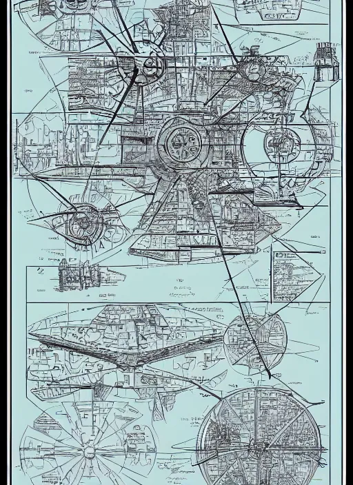 Prompt: detailed map of a tie fighter, detailed, cartography, technical drawing, blueprints, detailed, descriptive, directions, pictographs