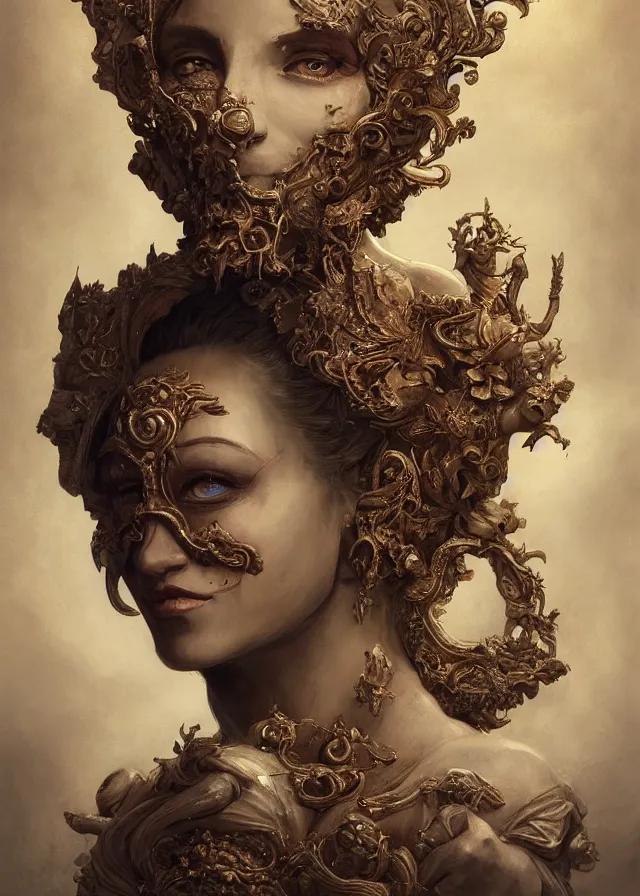 Prompt: woman portrait, head on face, foreground, volumetric, wearing a carved half mask with incrustations, astral godness vishnu, ethereal, elements, baroque, rococo, ink, tarot card enviromet, cinematics lights, detailed, intricate illustration, octane render, infinite background, golden ratio, fine art by peter mohrbacher & marc simonetti