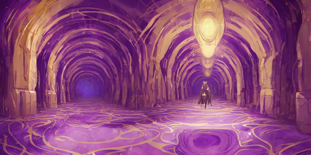 Prompt: ultrawide shot of purple marble hallway, giant gold pillars, floating purple geometric shapes, concept art, anato finnstark style,