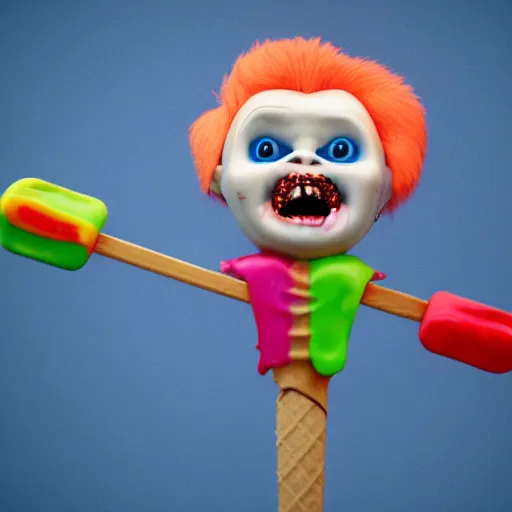 Image similar to ice cream popsicle shaped like screaming chucky doll, octane render, ultrarealistic, centered, volumetric lighting