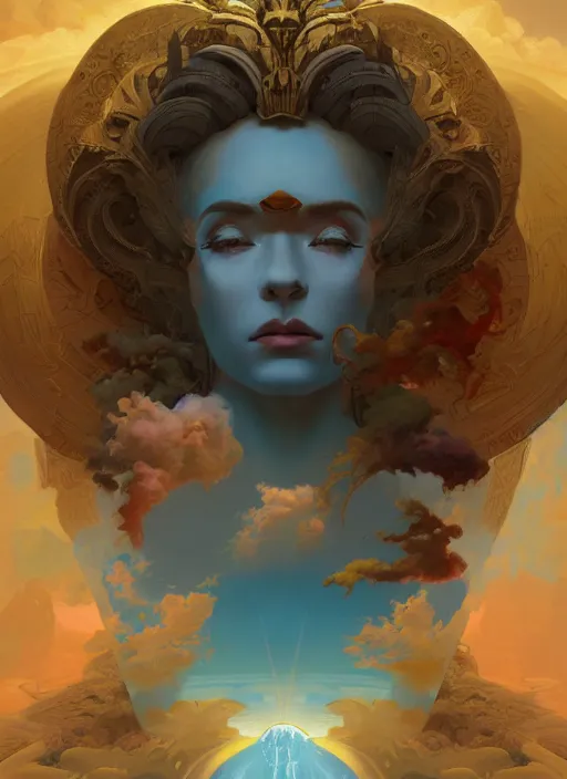 Image similar to goddess of clouds and mountains, concept art, symmetrical, trending on artstation vivid color, complementary color, golden ratio, detailed, sharp lines, intricate, rainbowshift by andrei riabovitchev, by peter mohrbacher, by gustave dore, by maxfield parrish, by alphonse mucha, deviantart, octane render