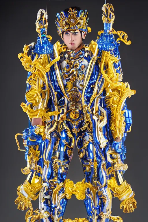 Image similar to full-body sculpture of a young handsome Colombiano prince as a half cibernetic android with a glowing blue battery in his chest, white laser beam coming out of his eyes, crown of giant diamonds, flowing neon-colored silk, fabric, raptors, in a cyperbunk and baroque style. baroque elements. full-length view. baroque element. intricate artwork by caravaggio. many many birds birds on background. Trending on artstation, octane render, cinematic lighting from the right, hyper realism, octane render, 8k, depth of field, 3D