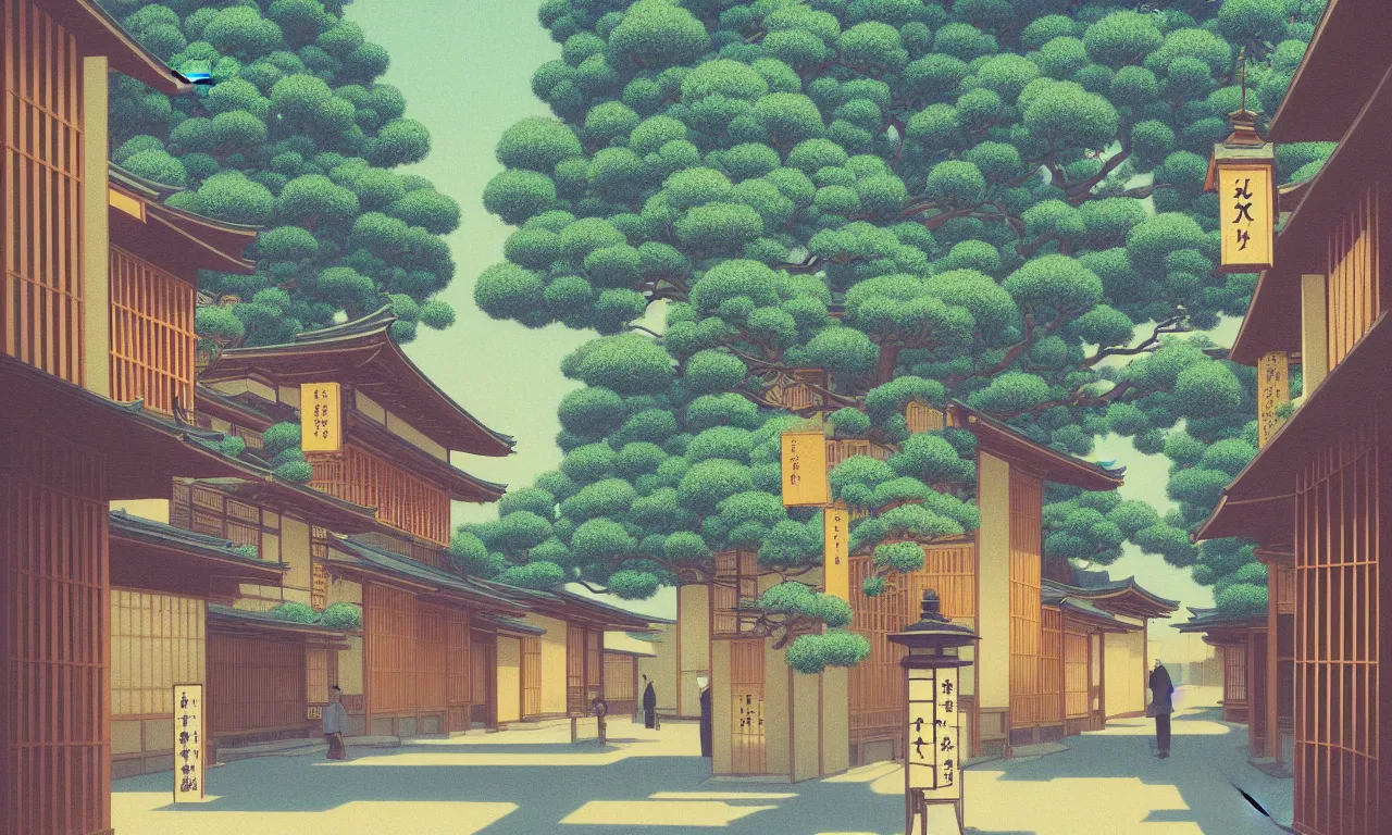 Image similar to an achingly beautiful print of a quiet street in Kyoto Japan with temples and plants, water fountains, magical details, by Raphael, Hopper, and Rene Magritte. detailed, romantic, enchanting, trending on artstation.