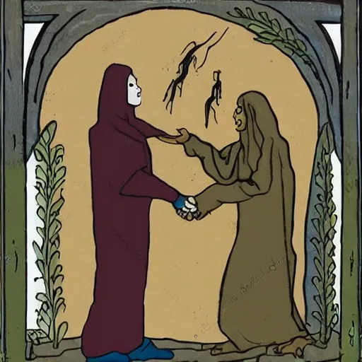 Image similar to A lizard person shaking hands with a religious icon, horror, black metal