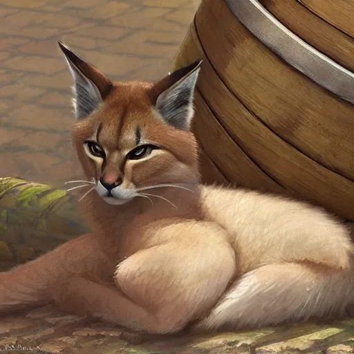 Image similar to a digital art of cute fluffy caracal near a wooden barrel lying at the side, at after noon, ancient greek city, by krenz cushart and mucha and akihito yoshida and greg rutkowski and makoto shinkai, long shot, back lighting, detailed eyes, 4 k resolution, trending on art station