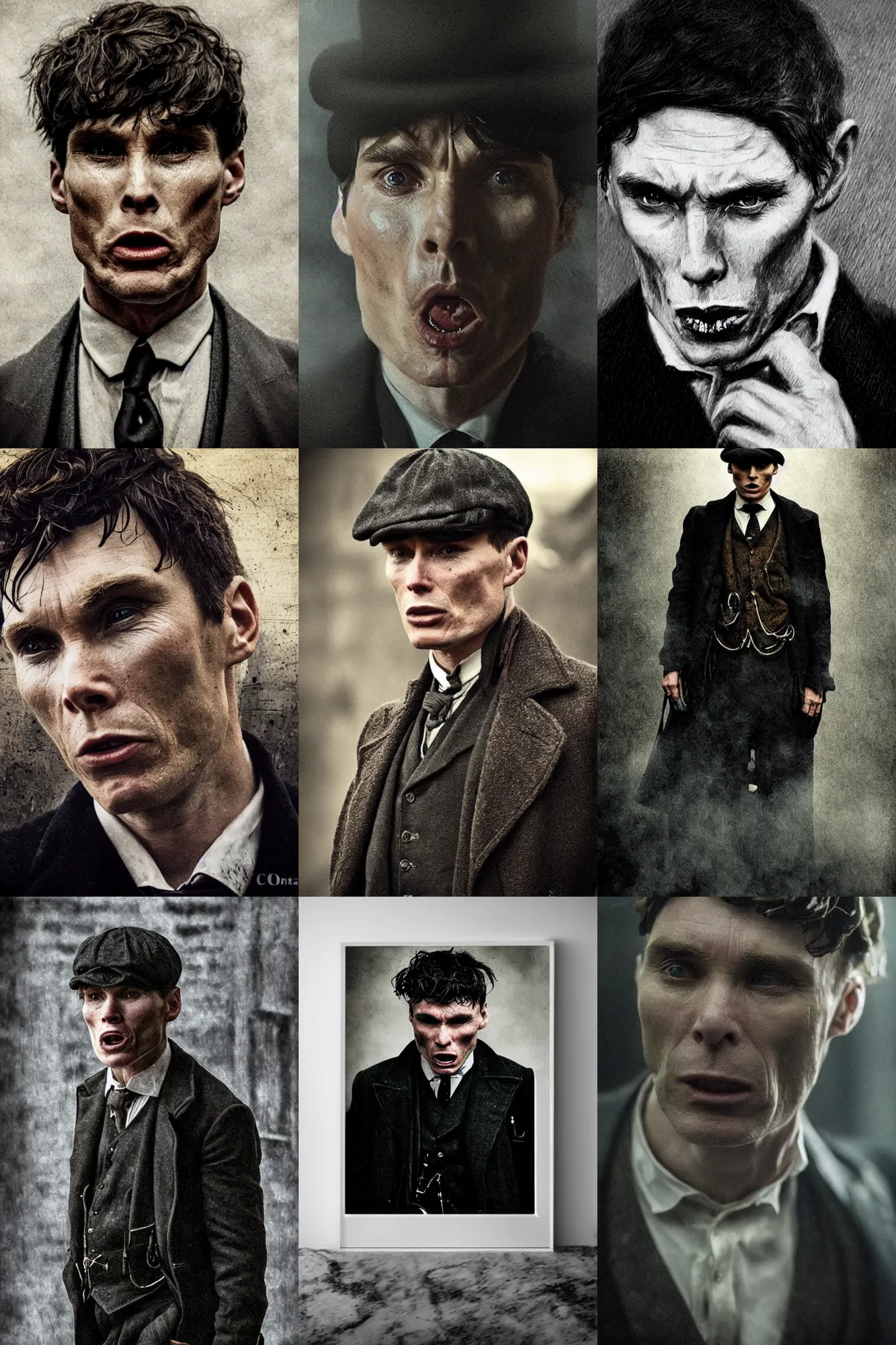 Prompt: portrait roaring Cillian Murphy in Peaky Blinders open mouth cry of pain, screaming pain, suffering, doom beautiful face, Perfect detailed face, front view dramatic, gloomy, dark, bleak, cheerless, desolate, impressive, tragic, cinematic dull colours, dark colour scheme, atmospheric by Christopher Nolan
