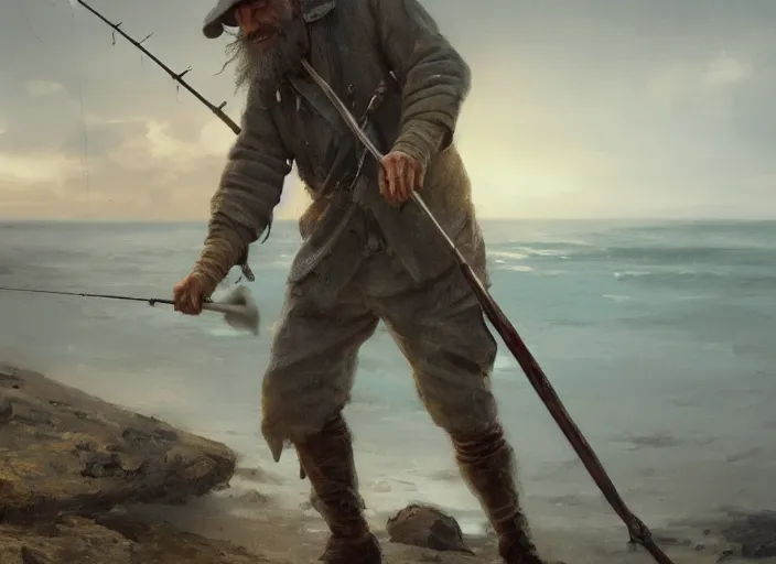 Prompt: close up cinematic artwork of a random old fisherman holding a fishing rod, staring down the enemy on the battlefield by Greg Rutkowski, 4k, masterpiece