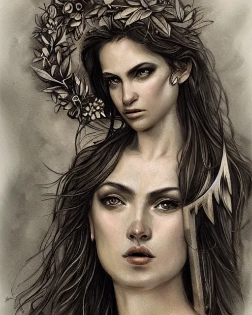 Image similar to realism tattoo sketch of a beautiful greek goddess aphrodite with piercing eyes wearing a laurel wreath and triangle earrings, in the style of greg rutkowski, amazing detail