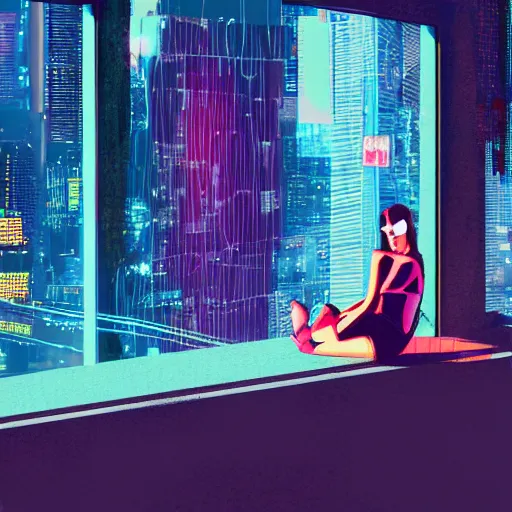 Image similar to a woman sitting in front of a large window, cyberpunk neon city in the background, digital art,