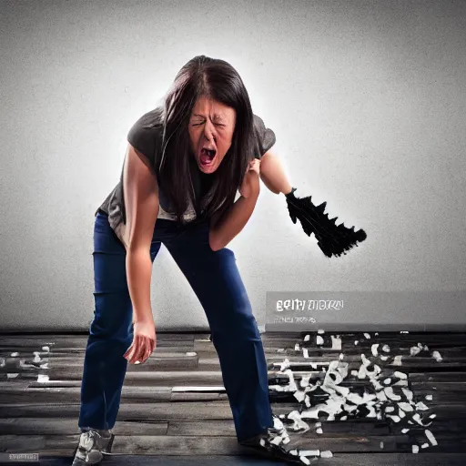 Prompt: A woman smashing a keyboard, angry, stock photo