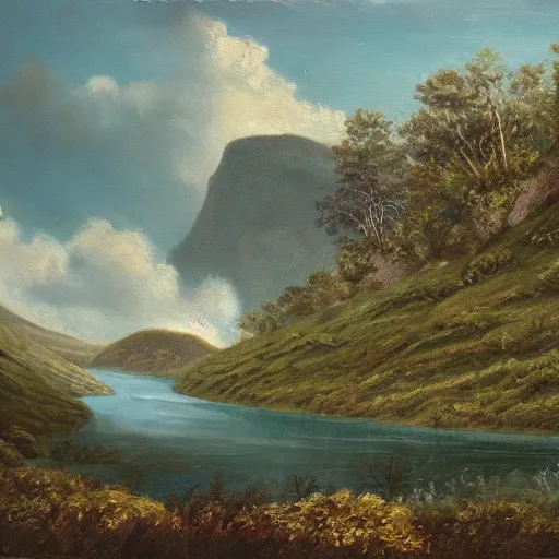 Image similar to a cinematic painting of a vast serene landscape overlooking a river and a mountain, wind blowing the leaves from the trees