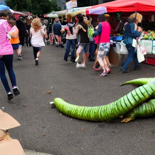 Image similar to giant worm attacking a farmers market, crowd fleeing, horror,