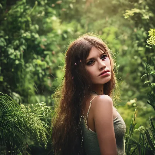Image similar to a beautiful girl made out of plants, full body shot, 8 k, shallow depth of field, moody lighting, cinematic lighting,