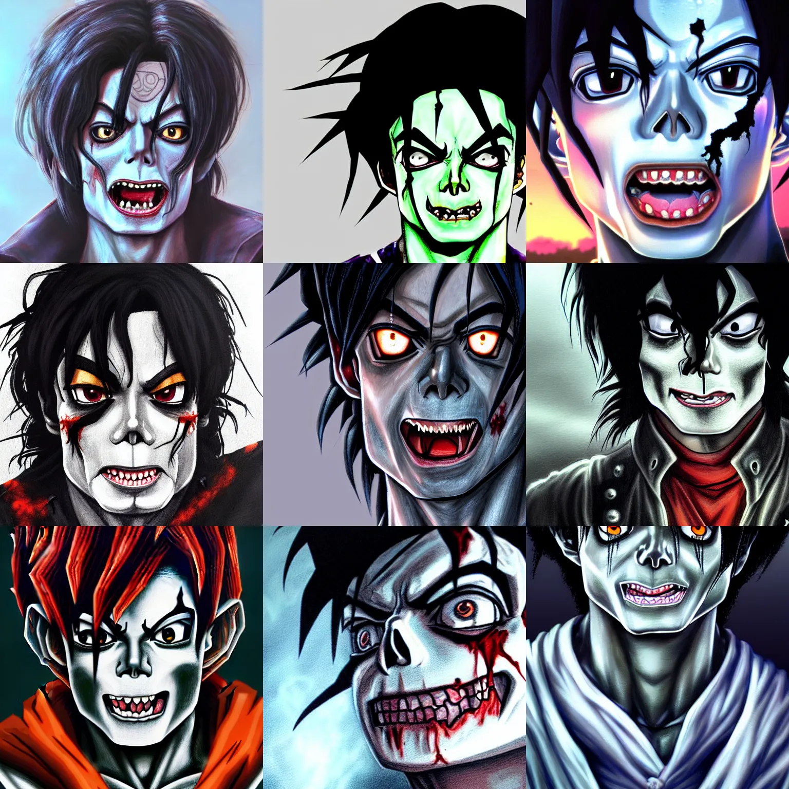 Prompt: michael jackson!!!! realistic dramatic !big face realistic close up concept art of michael jackson subtle skull green zombie as a dragon ball Z character,dark eye sockets, graveyard landscape at night , 4k anime character illustration by akira toriyama, artstation