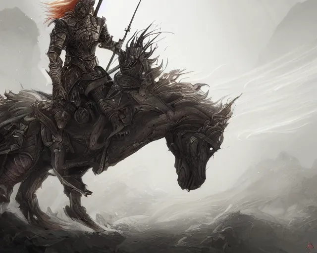 Image similar to A faded ghost warrior riding a giant ghost horse with armour, fantasy art, in the style of Frank Neidhardt, illustration, epic art, fantasy, intricate, elgant, amazing detail, digital painting, artstation, concept art, smooth, sharp focus