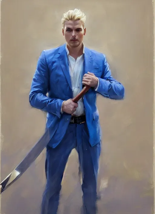 Image similar to greg manchess portrait painting of a blond man in a blue suit with a big sword, asymmetrical, profile picture, organic painting, sunny day, matte painting, bold shapes, hard edges, street art, trending on artstation, by huang guangjian, gil elvgren, ruan jia, randy vargas, greg rutkowski