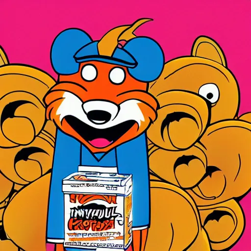 Image similar to 90s cartoon movie poster, featuring anthropomorphic fox looking at a pile of fried chicken, promotional advertising poster media