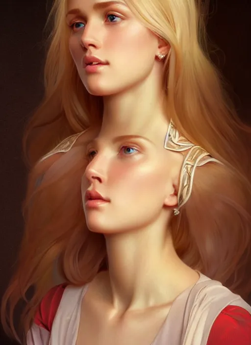 Image similar to perfectly feminine face!! full body portrait of young wife blessed by god with ever - increasing physical mental perfection, blonde, symmetrical! intricate, sensual features, highly detailed, biblical divine holy perfection!! digital painting, artstation, concept art, smooth, sharp focus, illustration, art by artgerm and greg rutkowski and alphonse mucha