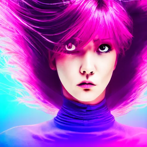 Image similar to a award winning action upper body portrait of a beautiful woman with a ombre purple pink hairstyle with head in motion and hair flying, choker, outrun, vaporware, vivid colors, highly detailed, fine detail, intricate