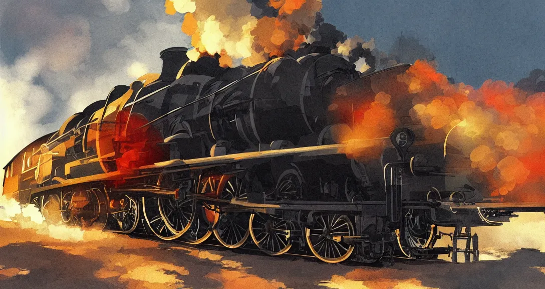 Image similar to side close - up view of a steam train, autumn light, smoke, beautiful, by studio ghibli, by tomono yoshiyuki, digital art, concept art, smooth, sharp focus, illustration