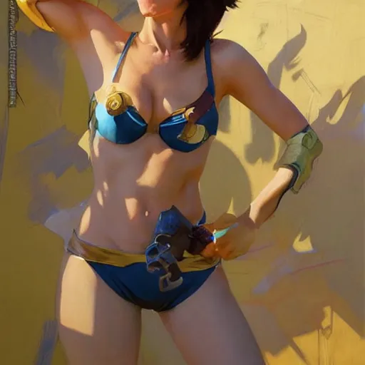 Image similar to greg manchess painting of tracer wearing a bikini knight armor, medium shot, organic painting, sunny day, bold shapes, hard edges, street art, trending on artstation, by huang guangjian and gil elvgren and sachin teng and artgerm and greg rutkowski and alphonse mucha