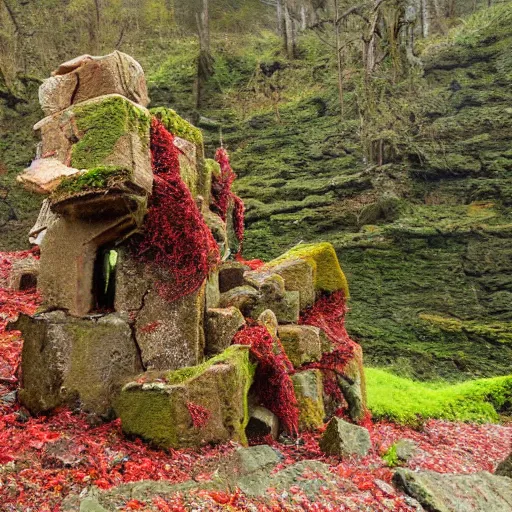 Prompt: the ruins of a giant stone brick village in a breathtaking landscape, red vines and moss growing over everything, a broken stone statue of a man with a red stone sword pointing into the distance