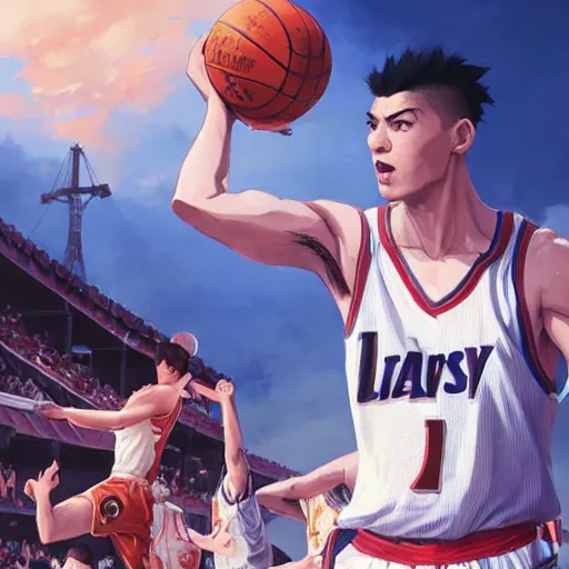 Image similar to highly detailed hanamichi sakuragi of slam dunk, in gta v, stephen bliss, unreal engine, fantasy art by greg rutkowski, loish, rhads, ferdinand knab, makoto shinkai and lois van baarle, ilya kuvshinov, rossdraws, tom bagshaw, global illumination, radiant light, detailed and intricate environment