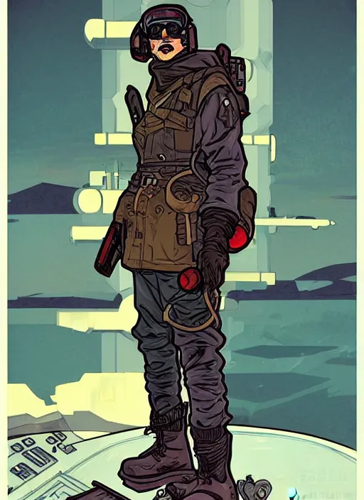 Prompt: cyberpunk soviet mercenary with scenic sub arctic background. portrait illustration, pop art, art by ashley wood, alphonse mucha, laurie greasley and josan gonzalez. cinematic. dynamic lighting. realistic proportions. creative design. cell shading