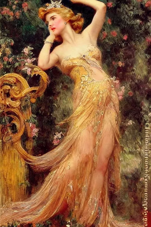 Image similar to Grace Kelly explaining the birds and the bees in the style of Gaston Bussière, art nouveau, art deco