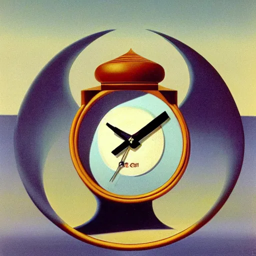 Prompt: synchronicity clock illustration detailed surrealism rene magritte