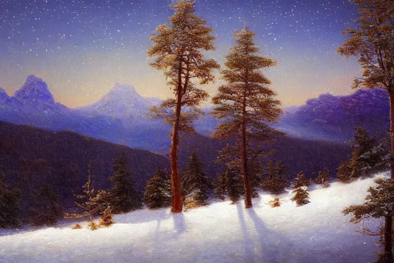 Prompt: mountains, trees, beautiful nature, winter, night, stars, snow, very detailed, focused, oil painting, colorful, canvas, artstation, Sydney Mortimer Laurence, Albert Bierstadt