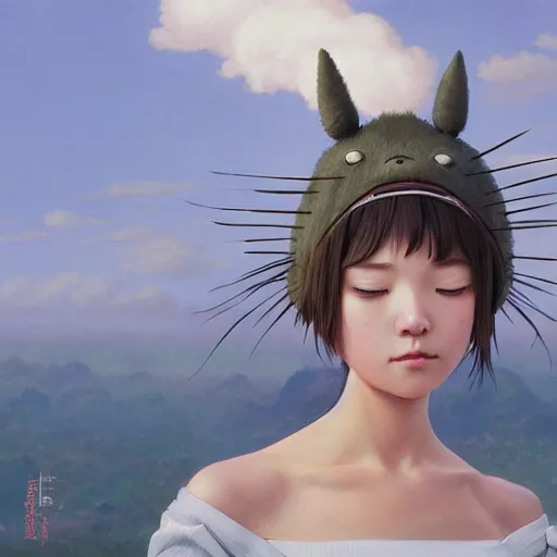 Image similar to portrait of a totoro woman, detailed, centered, digital painting, artstation, concept art, studio ghibli, donato giancola, Joseph Christian Leyendecker, WLOP, Boris Vallejo, Breathtaking, 8k resolution, extremely detailed, beautiful, establishing shot, artistic, hyperrealistic, beautiful face, octane render