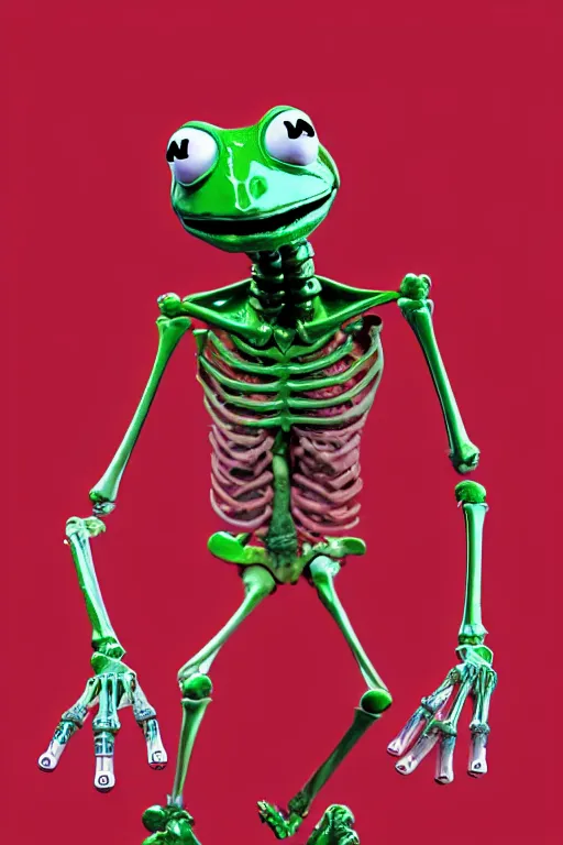 Image similar to movie poster of kermit the terminator, chromatic humanoid skeleton frog skeleton hybrid, robot, ultra realistic, cinematic lighting hd photography,