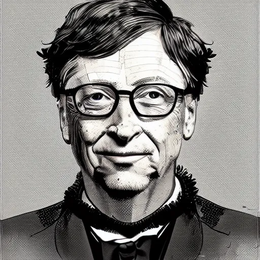 Prompt: Bill gates wearing victorian gown, drawn in the style of yoji shinkawa, extremely detailed, detailed and realistic face, fractal frame