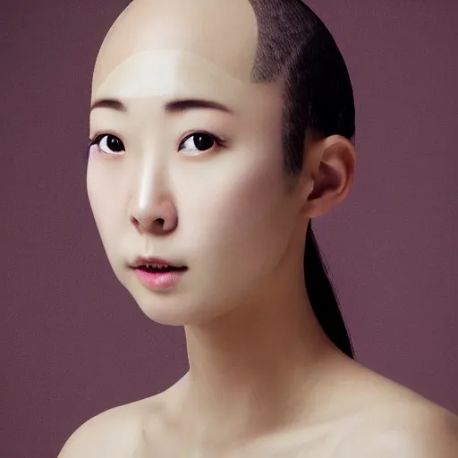 Image similar to photograph portrait bald korean japanese goddess of beauty neutral expression face straight on headshot even lighting no hair