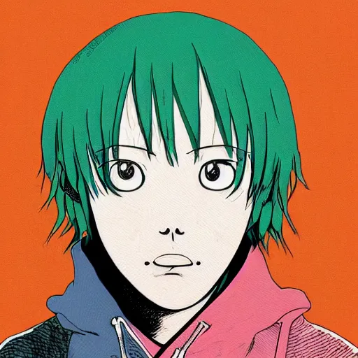 Image similar to a colorful portait of a man with an orange hoodie made by inio asano, detailed