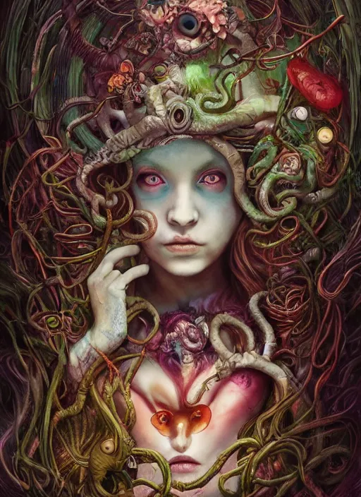 Image similar to alice in wonderland, medusa, highly detailed, cinematic, 8 k, by megan duncanson, benjamin lacombe, adrian borda, stanley artgermm, tom bagshaw, craig mullins, carne griffiths, ayami kojima, beksinski, giger, trending on deviantart, hyper detailed, horror, full of colour