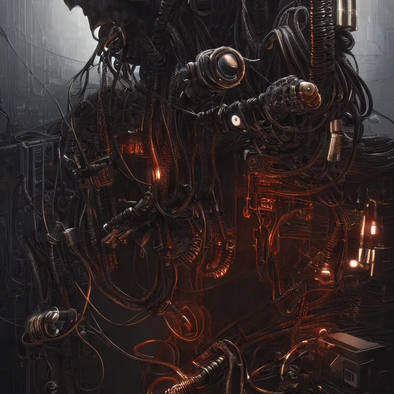 Image similar to cables steampunk computers , love death robots, beautiful detailed intricate insanely detailed octane render trending on Artstation, 8K artistic photography, photorealistic, chiaroscuro, Raphael, Caravaggio, Beksinski, Giger